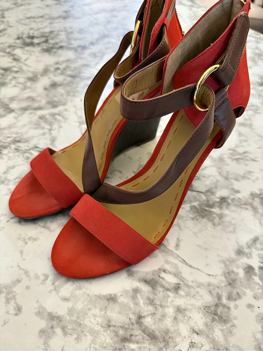 Nine West Leather Ankle Strap Heels in Red & Brown US 10